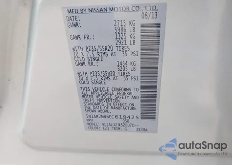 2014 Nissan Pathfinder Platinum from USA, damaged, VIN 5N1AR2MN6EC619425